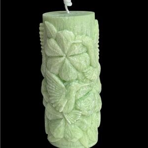 Green Carved Candle with Floral and hummingbirds Design